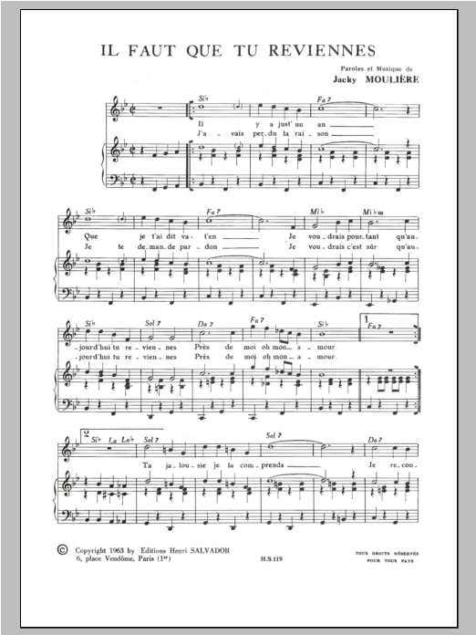 Download Henri Salvador Il Faut Que Tu Reviennes Sheet Music and learn how to play Piano & Vocal PDF digital score in minutes