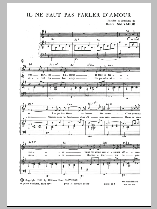 Download Henri Salvador Il Ne Faut Pas Parler D'amour Sheet Music and learn how to play Piano & Vocal PDF digital score in minutes
