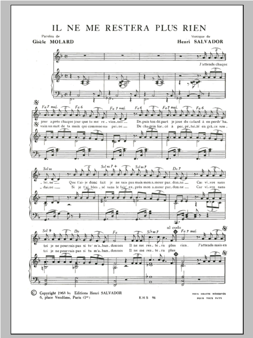 Download Henri Salvador Il Ne Me Restera Plus Rien Sheet Music and learn how to play Piano & Vocal PDF digital score in minutes