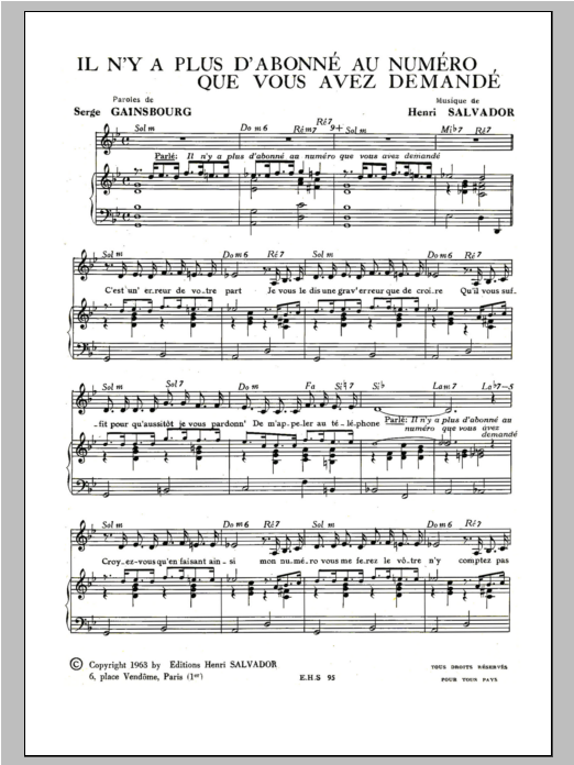 Download Henri Salvador IL N'y A Plus D'abonne Au Numero Que Vous Avez Demande Sheet Music and learn how to play Piano & Vocal PDF digital score in minutes