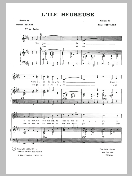 Download Henri Salvador Ile Heureuse Sheet Music and learn how to play Piano & Vocal PDF digital score in minutes