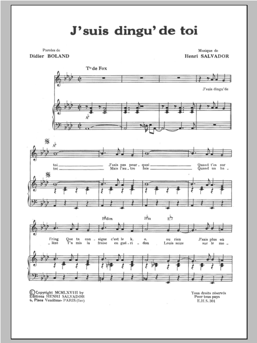 Download Henri Salvador J Suis Ding De Toi (Aka J'suis Dingu' De Toi) Sheet Music and learn how to play Piano & Vocal PDF digital score in minutes