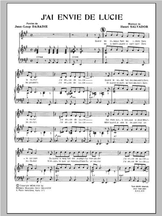 Download Henri Salvador J'ai Envie De Lucie Sheet Music and learn how to play Piano & Vocal PDF digital score in minutes