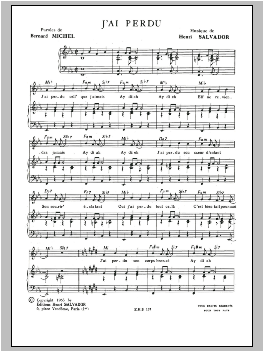 Download Henri Salvador J'ai Perdu Sheet Music and learn how to play Piano & Vocal PDF digital score in minutes