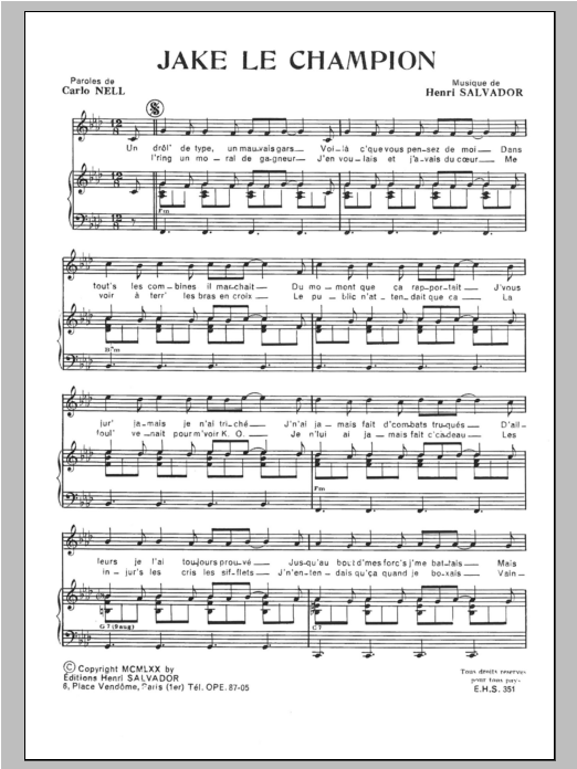Download Henri Salvador Jake Le Champion Sheet Music and learn how to play Piano & Vocal PDF digital score in minutes
