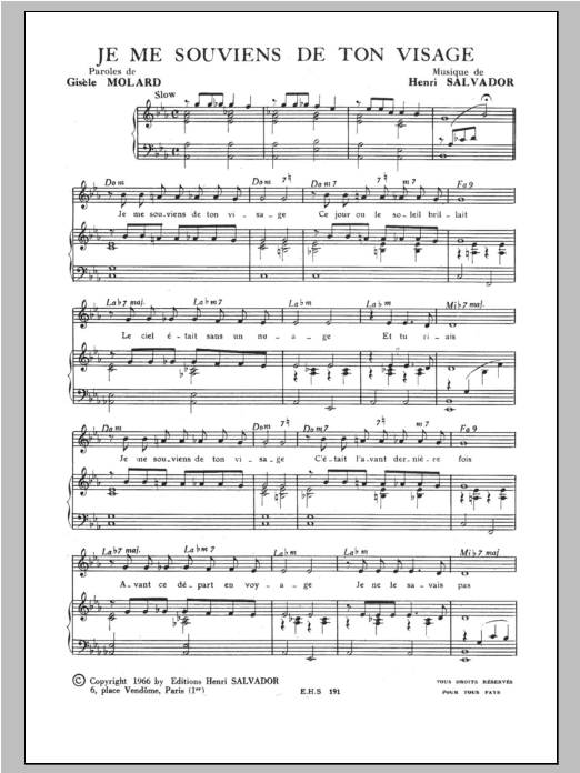 Download Henri Salvador Je Me Souviens De Ton Visage Sheet Music and learn how to play Piano & Vocal PDF digital score in minutes