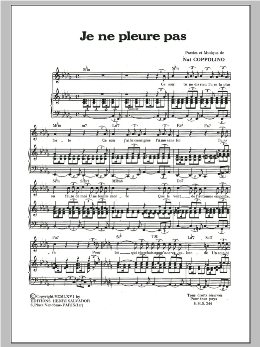 Download Henri Salvador Je Ne Pleure Pas Sheet Music and learn how to play Piano & Vocal PDF digital score in minutes