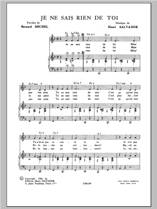 Download Henri Salvador Je Ne Sais Rien De Toi Sheet Music and learn how to play Piano & Vocal PDF digital score in minutes