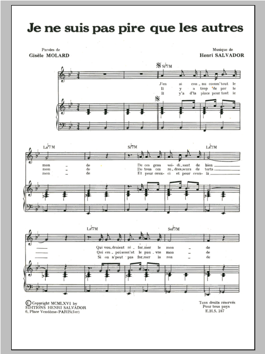 Download Henri Salvador Je Ne Suis Pas Pire Que Les Autres Sheet Music and learn how to play Piano & Vocal PDF digital score in minutes