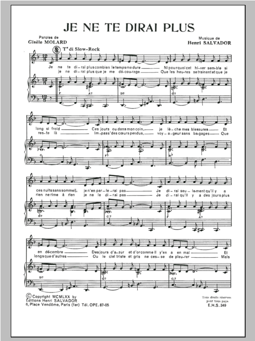 Download Henri Salvador Je Ne Te Dirai Plus Sheet Music and learn how to play Piano & Vocal PDF digital score in minutes