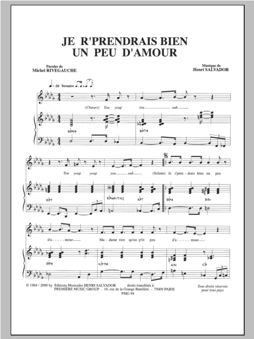 Download Henri Salvador Je R'prendrais Bien Un Peu D'amour Sheet Music and learn how to play Piano & Vocal PDF digital score in minutes