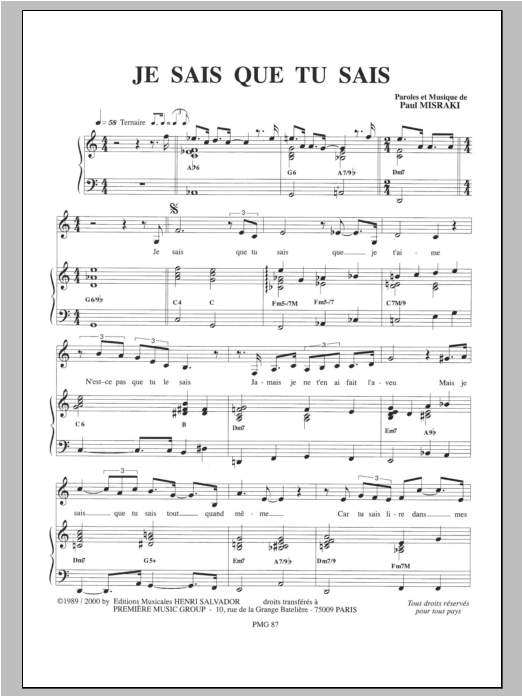 Download Henri Salvador Je Sais Que Tu Sais Sheet Music and learn how to play Piano & Vocal PDF digital score in minutes