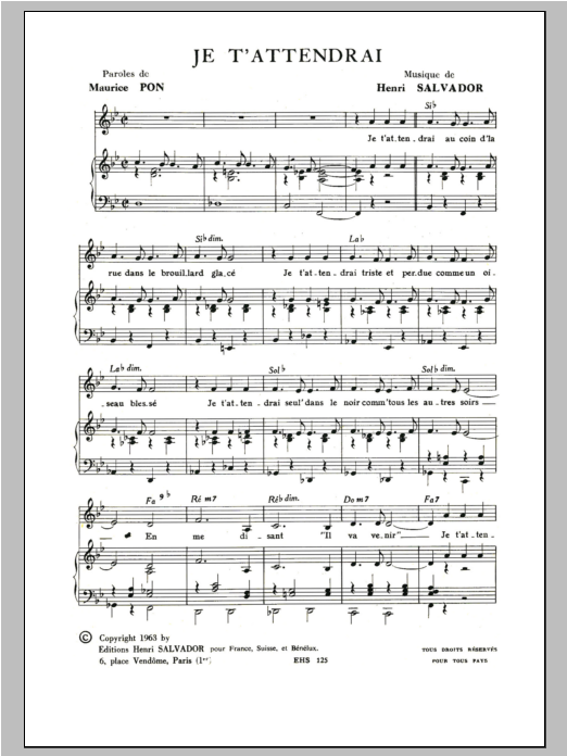 Download Henri Salvador Je T'attendrai Sheet Music and learn how to play Piano & Vocal PDF digital score in minutes