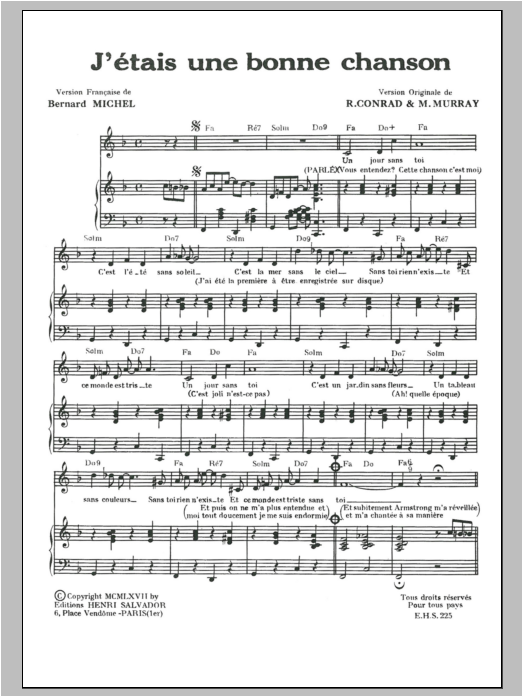 Download Henri Salvador J'etais Une Bonne Chanson (I Was A Good Song) Sheet Music and learn how to play Piano & Vocal PDF digital score in minutes