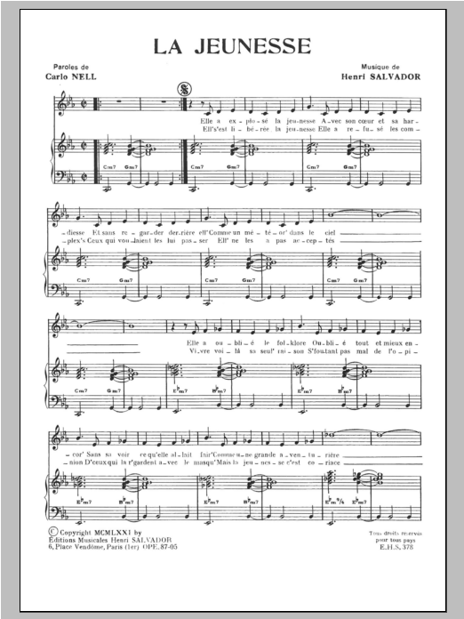 Download Henri Salvador Jeunesse Sheet Music and learn how to play Piano & Vocal PDF digital score in minutes