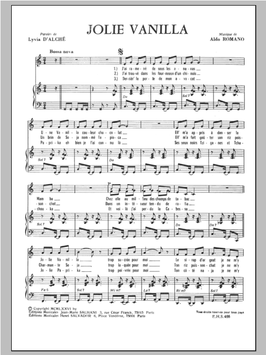 Download Henri Salvador Jolies Vanilla Sheet Music and learn how to play Piano & Vocal PDF digital score in minutes