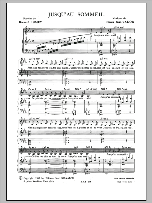Download Henri Salvador Jusqu'au Sommeil Sheet Music and learn how to play Piano & Vocal PDF digital score in minutes