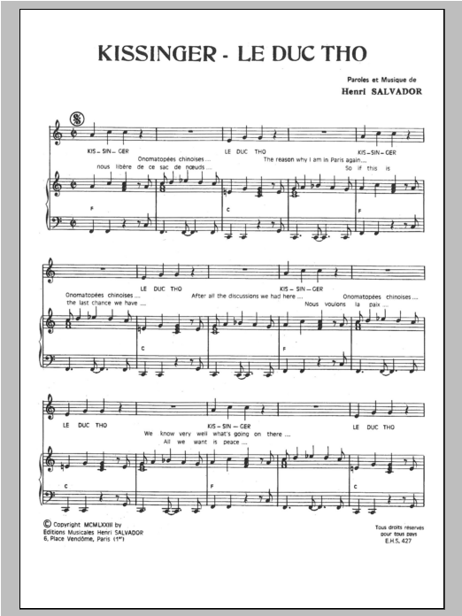 Download Henri Salvador Kissinger - Le Duc Tho Sheet Music and learn how to play Piano & Vocal PDF digital score in minutes