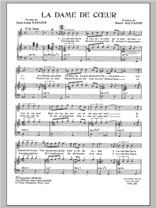 Download Henri Salvador La Dame De Coeur Sheet Music and learn how to play Piano & Vocal PDF digital score in minutes