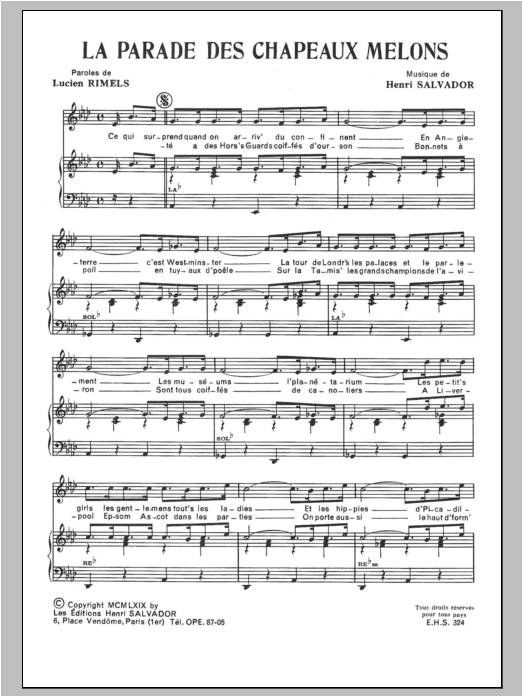 Download Henri Salvador La Parade Des Chapeaux Melons Sheet Music and learn how to play Piano & Vocal PDF digital score in minutes