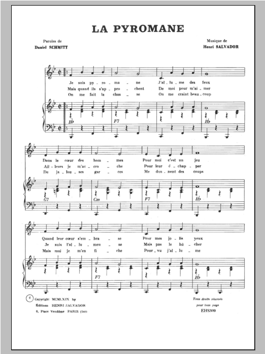 Download Henri Salvador La Pyromane Sheet Music and learn how to play Piano & Vocal PDF digital score in minutes