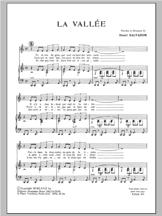 Download Henri Salvador La Vallee Sheet Music and learn how to play Piano & Vocal PDF digital score in minutes