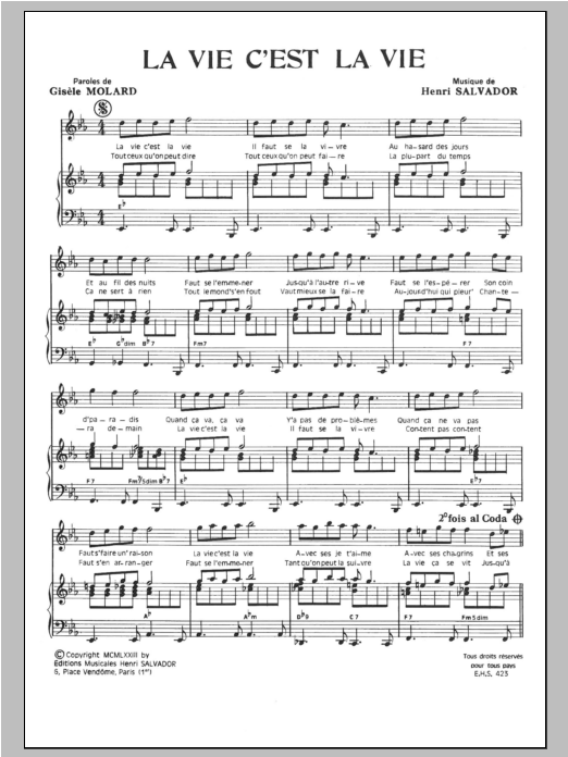 Download Henri Salvador La Vie C'est La Vie Sheet Music and learn how to play Piano & Vocal PDF digital score in minutes