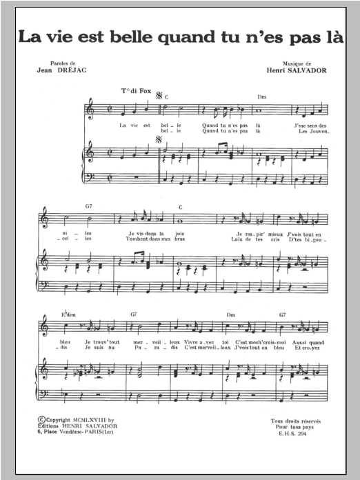 Download Henri Salvador La Vie Est Belle Quand Tu N'es Pas Sheet Music and learn how to play Piano & Vocal PDF digital score in minutes