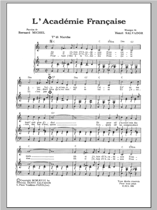 Download Henri Salvador L'Academie Francaise Sheet Music and learn how to play Piano & Vocal PDF digital score in minutes