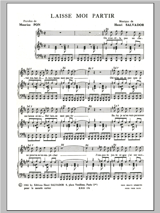 Download Henri Salvador Laisse Moi Partir Sheet Music and learn how to play Piano & Vocal PDF digital score in minutes