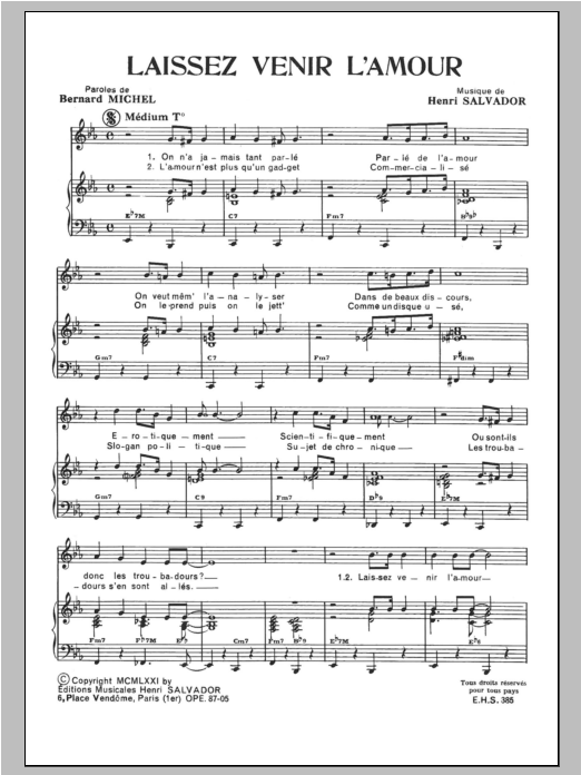Download Henri Salvador Laissez Venir L'amour Sheet Music and learn how to play Piano & Vocal PDF digital score in minutes