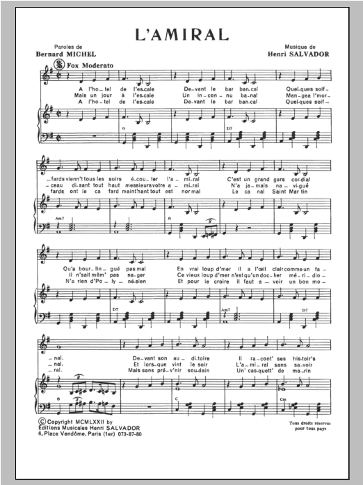 Download Henri Salvador L'Amiral Sheet Music and learn how to play Piano & Vocal PDF digital score in minutes