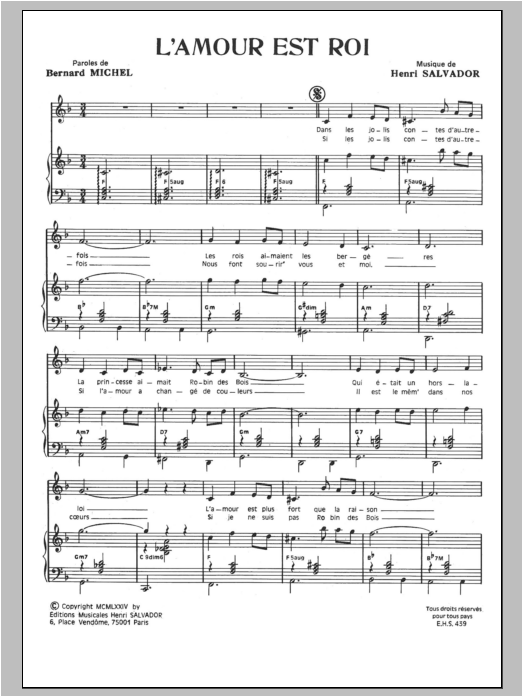 Download Henri Salvador L'amour Est Roi Sheet Music and learn how to play Piano & Vocal PDF digital score in minutes