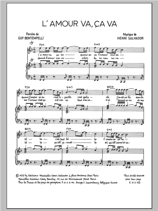 Download Henri Salvador L'amour Va Ca Va Sheet Music and learn how to play Piano & Vocal PDF digital score in minutes