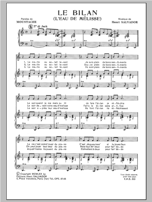 Download Henri Salvador Le Bilan Sheet Music and learn how to play Piano & Vocal PDF digital score in minutes