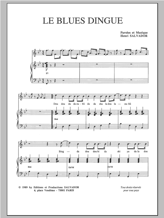 Download Henri Salvador Le Blues Dingue Sheet Music and learn how to play Piano & Vocal PDF digital score in minutes