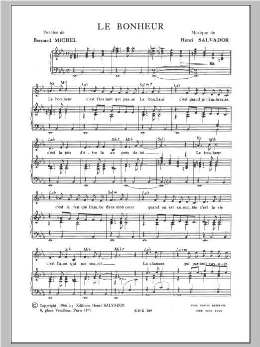 Download Henri Salvador Le Bonheur Sheet Music and learn how to play Piano & Vocal PDF digital score in minutes