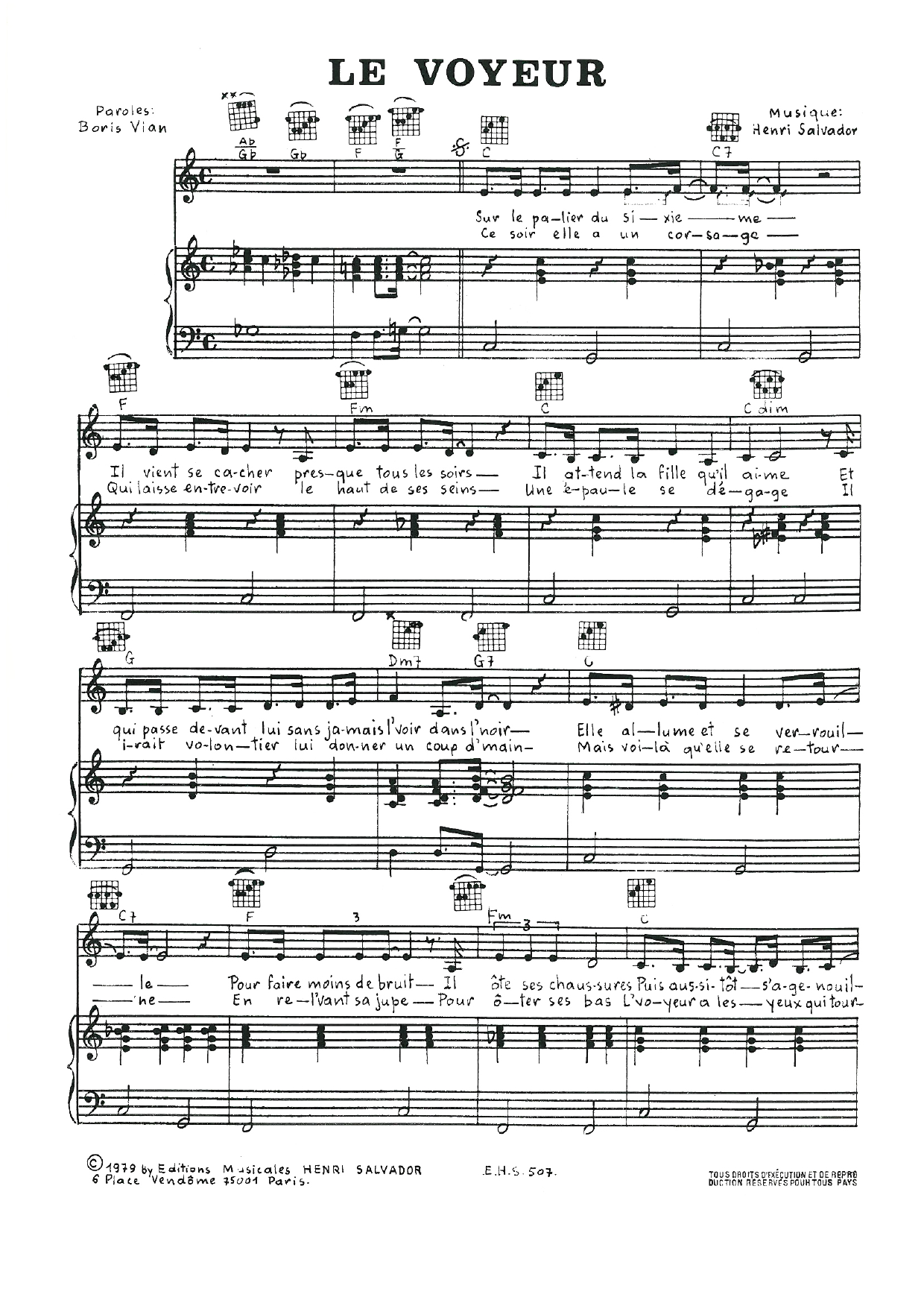 Download Henri Salvador Le Voyeur Sheet Music and learn how to play Piano, Vocal & Guitar PDF digital score in minutes