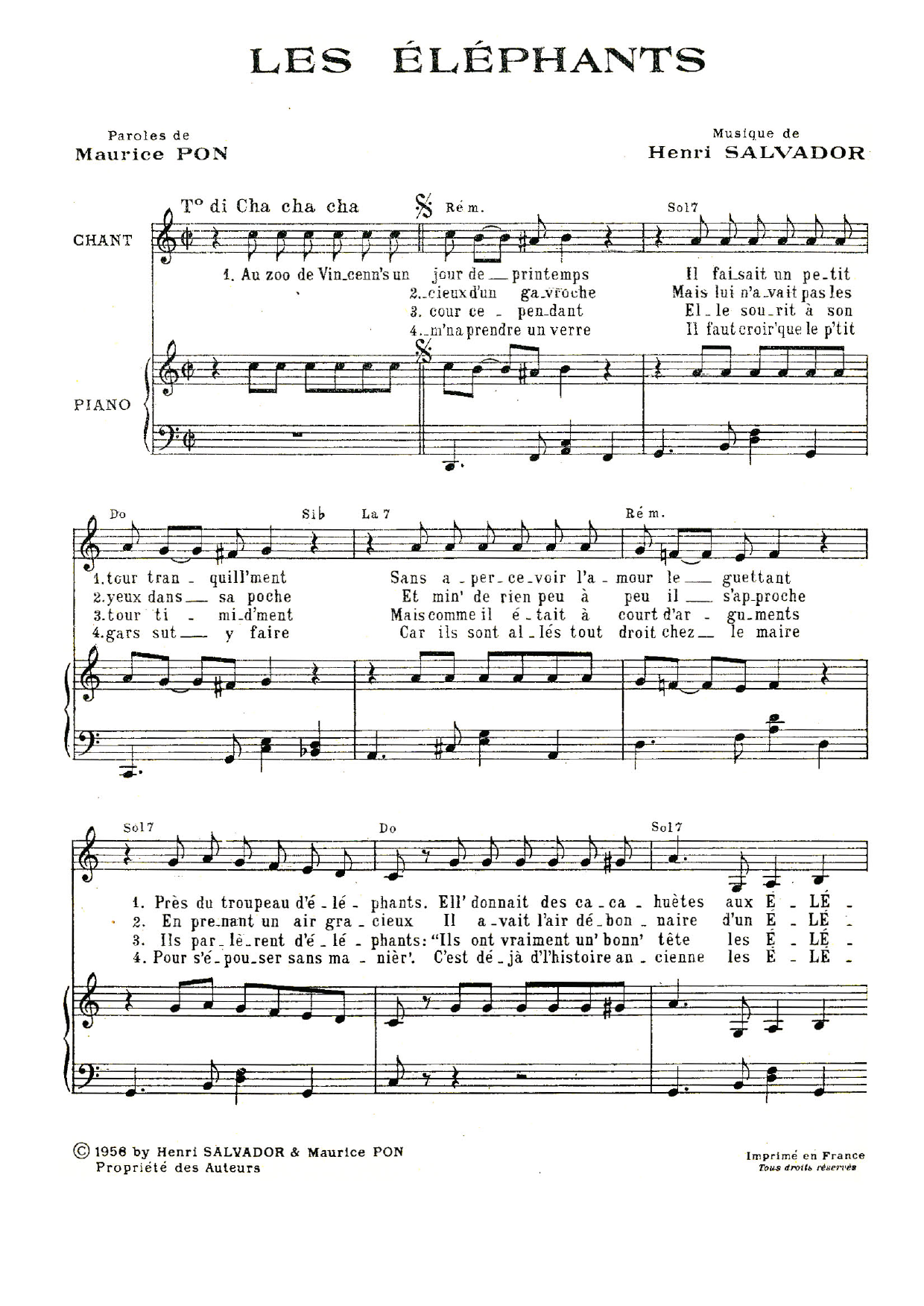 Download Henri Salvador Les Elephants Sheet Music and learn how to play Piano & Vocal PDF digital score in minutes