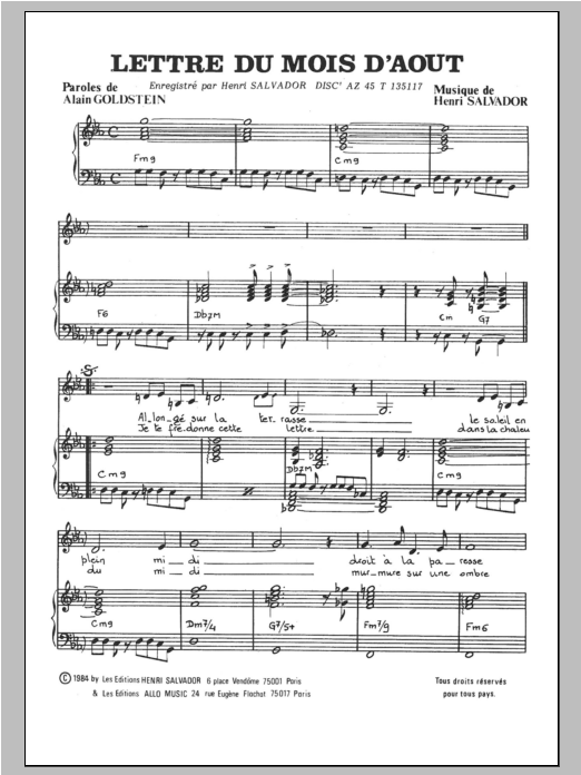 Download Henri Salvador Lettre Du Mois D'aout Sheet Music and learn how to play Piano & Vocal PDF digital score in minutes
