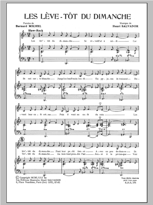 Download Henri Salvador Leve Tot Du Dimanche (Les) Sheet Music and learn how to play Piano & Vocal PDF digital score in minutes