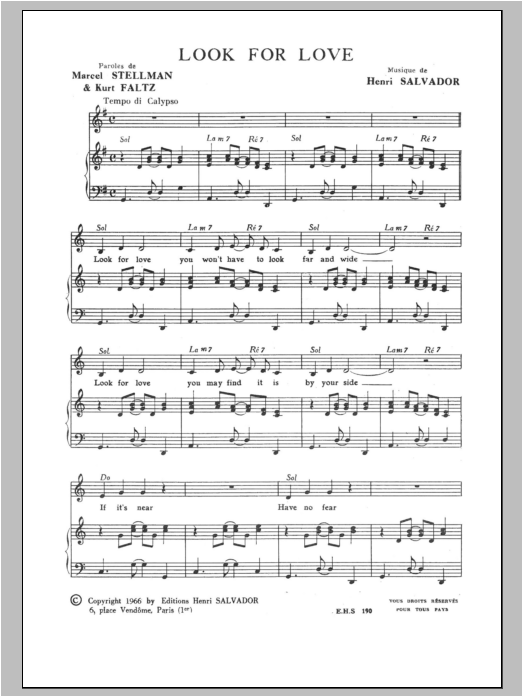 Download Henri Salvador Look For Love Sheet Music and learn how to play Piano & Vocal PDF digital score in minutes