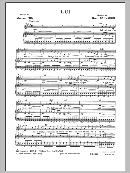 Download Henri Salvador Lui Sheet Music and learn how to play Piano & Vocal PDF digital score in minutes