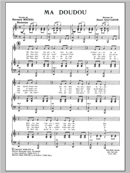 Download Henri Salvador Ma Doudou Sheet Music and learn how to play Piano & Vocal PDF digital score in minutes