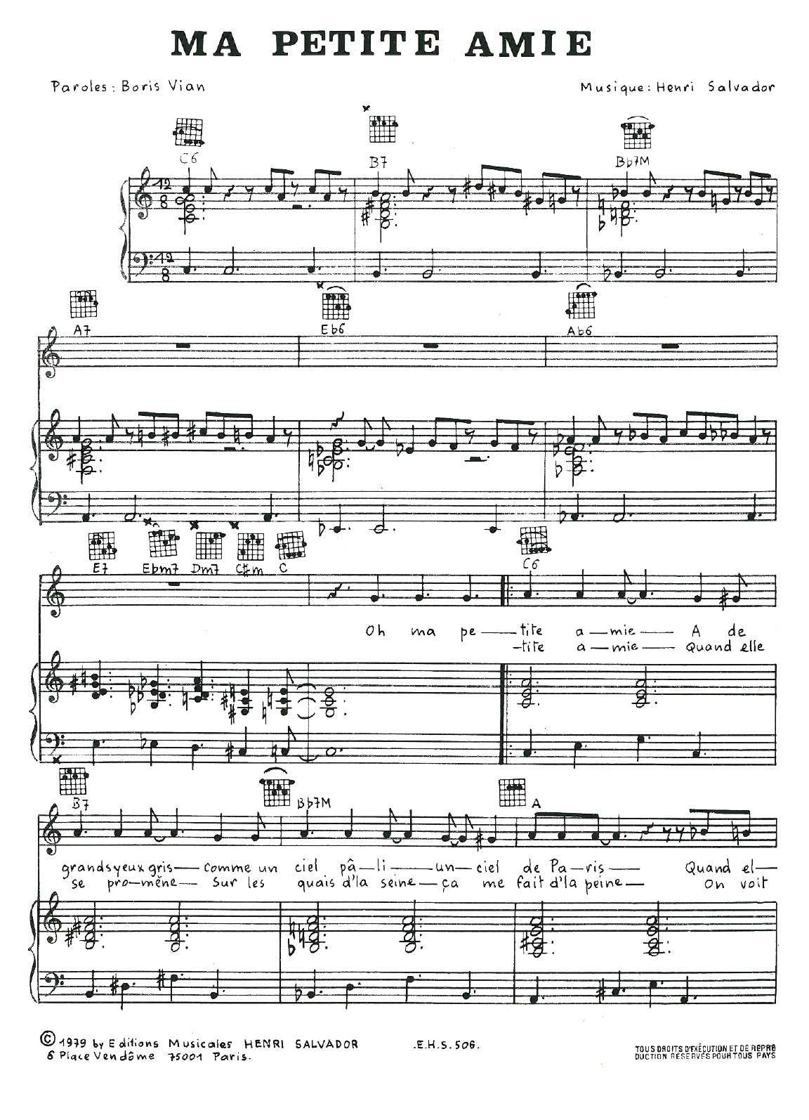 Download Henri Salvador Ma Petite Amie Sheet Music and learn how to play Piano, Vocal & Guitar PDF digital score in minutes