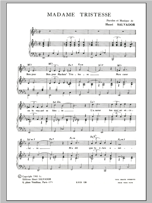 Download Henri Salvador Madame Tristesse Sheet Music and learn how to play Piano & Vocal PDF digital score in minutes