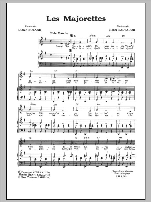 Download Henri Salvador Majorettes Sheet Music and learn how to play Piano & Vocal PDF digital score in minutes