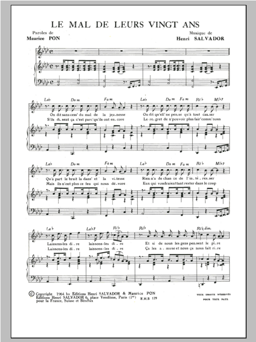 Download Henri Salvador Mal De Leurs Vingt Ans Sheet Music and learn how to play Piano & Vocal PDF digital score in minutes
