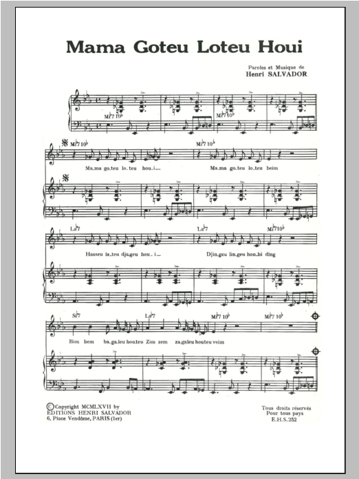 Download Henri Salvador Mama Goteu Loteu Houi Sheet Music and learn how to play Piano & Vocal PDF digital score in minutes