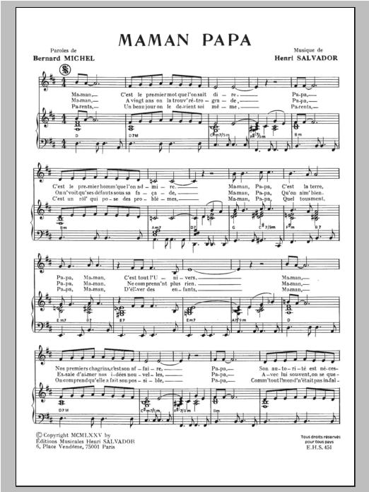 Download Henri Salvador Maman Papa Sheet Music and learn how to play Piano & Vocal PDF digital score in minutes